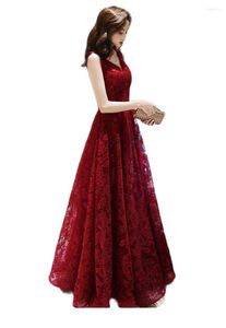 Robes décontractées N1128 luxe col en v rouge foncé longues femmes élégantes à lacets dos Robe formelle robe fille parole longueur mariage fête robe de bal