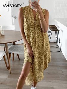 Casual jurken nankey vintage mouwloze luipaard print zomer vrouwen 2024 v nek los strandjurk vrouwelijke mantel vestidos mujer