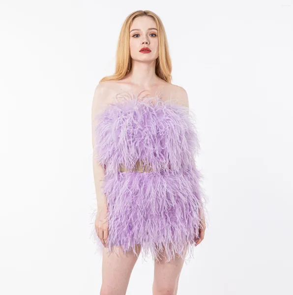 Robes décontractées Naturel Véritable Plume d'autruche Jupe enveloppée Robe courte pour femmes Furry Fluffy Party 2024 Peach Fuzz Luxueux 210714