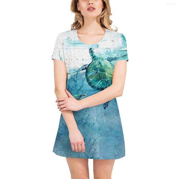 Vestidos casuales Paisaje marino natural Impresión 3D Falda recta suelta de una línea Camiseta de manga corta de verano Chica de longitud media para mujer