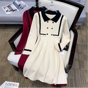 Casual jurken marine stijl polo kraag zwarte gebreide trui jurk dames lente college kleur contrast slanke A-lijn lange mouw gebreide kleding rok