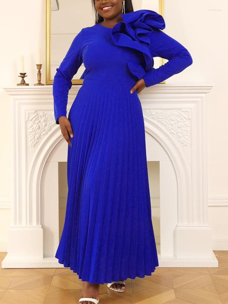 Robes décontractées bleu marine plissé longue pour les femmes soirée soirée modeste une ligne pleine manches asymétrique à volants balançoire robe de décoration florale