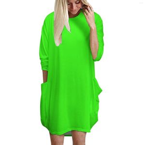 Casual jurken Neon Green lange mouwen jurk dames modeprint pocket dames helder