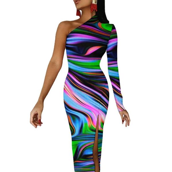 Vestidos casuales Neon Paint Swirl Maxi Vestido de manga larga Colorido Estampado líquido Estética Bodycon Otoño Lado Split Vintage VestidoCasual