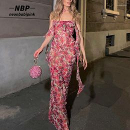 Robes décontractées NEONBABIPINK Resort Style Floral Mesh Sheer Summer pour femme 2023 Sexy Elegant Ruffle Long Maxi Dress Party N33-CI15