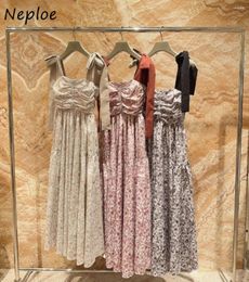 Robes décontractées Neploe Elegant Slash Cou de l'épaule Robe imprimé à lacets Sweet Bow Sling Tube Robe Japon DrawString Rucched Moda Vestidos