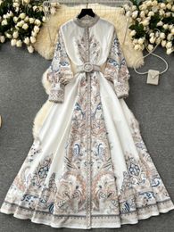 Robes décontractées Neploe Elegant Stand Collar Lantern Lantern Print Robe A-Line French Vintage Slim Fit Robe Big Swing Court Mujer