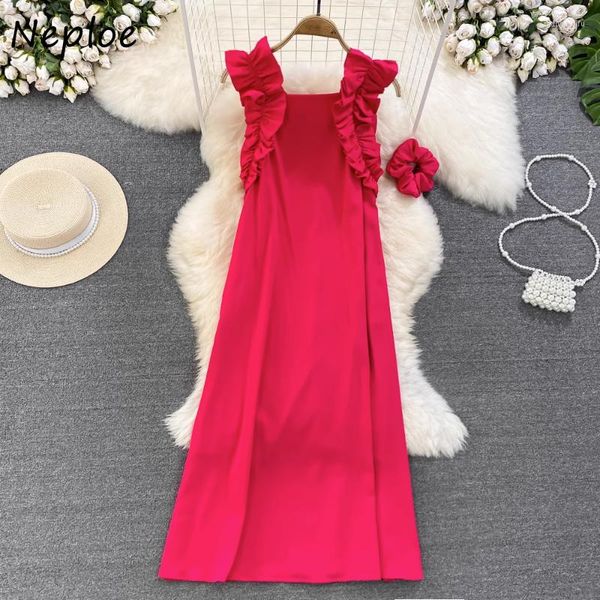Robes décontractées Neploe élégante douce mi-longue Rose robe rouge pour les femmes été lâche volant manches Y2k taille haute a-ligne Vestidos