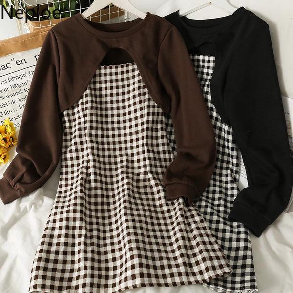 Vestidos casuales Neploe para mujeres 2021 Ropa de otoño Dulce Sexy Sling Robe Moda coreana Vestido a cuadros Tops recortados Conjunto vintage