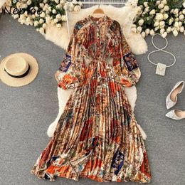 Robes décontractées NEPLOE Stand Collar Lantern Sleeve Print Vestidos Lace Up Branch Mid-Longing Big Swer Mujer French Style Vintage Shirt Robe