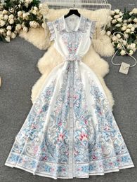 Casual jurken Neple Sweet Turn Down Collar Flying Sleeve Mujer Vintage Slim Fit Elegant Court Dress Fashion Print Shirt Belt Robe