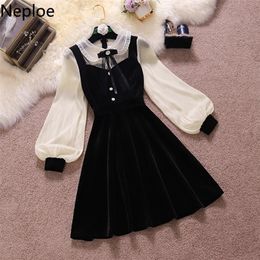 Casual jurken Neeple Vintage Velvet Black Dress Stand Neck Lantern Mouw Party Robe High Taille Slim Vestidos Koreaanse elegante vrouwen 221007