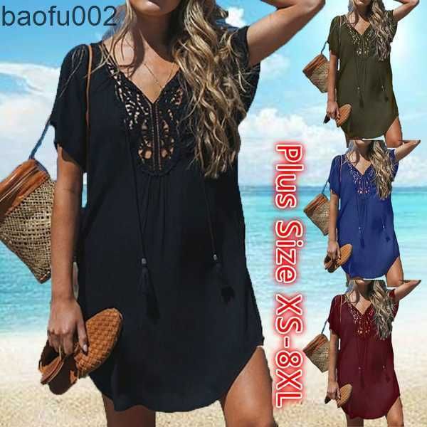 Robes décontractées Nouveau 2022 Femmes Maillot de bain à manches courtes Hauts Garniture Maillots de bain Vêtements de plage Maillot de bain Cover Up Dress Tops Summer Swimming Smock T Shirt W0315