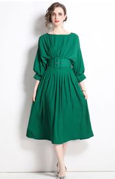 Casual Jurken Nieuwe Collectie Runway Zomer Groene Geplooide Jurk Elegante Vrouwen O Hals 3/4 Vleermuismouwen Hoge Taille Midi Jurk vestidos Met Riem 2023