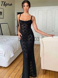 Vestidos casuales New Balck Perspective Lace Mesh Sling Vestidos para mujeres Sexy Banquet Strap Maxi Vestidos Dress Beach Holiday Long Evening Robe J230619