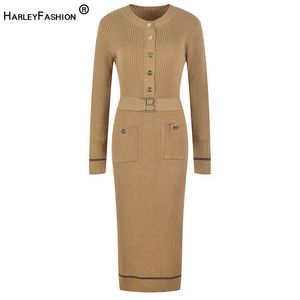 Casual jurken Nieuw design van de herfstkwaliteit 3 ​​kleuren Elegant Oneck Sheath Fabric Long Skinny Belt Dress Z0216