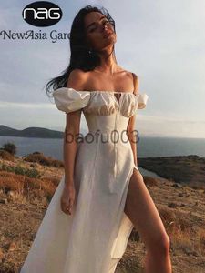 Robes décontractées NewAsia manches bouffantes robe blanche épaules dénudées découpées cravate côté fendu froncé longue robe robe femme robe d'été pour les femmes 2022 J230619