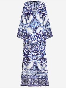 Vestidos casuales El más nuevo Otoño Pista Suelta Maxi Vestido Mujer Azul y Blanco Porcelana Estampado de flores Lado bohemio Dividir Vestidos largos Túnica femenina J230705