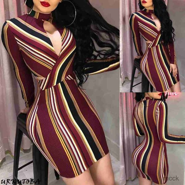 Vestidos informales Las más nuevas mujeres calientes Sexy Slim Fit Pecho Abierto Halter Manga larga Vestido ajustado Raya Lápiz Vestido de cóctel Clubwear M230411