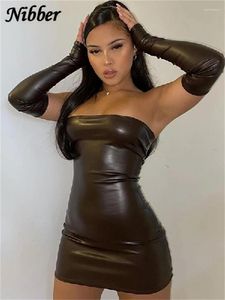 Robes décontractées Nibber Y2K Cuir avec gants Robe de soirée Femme Dos nu Sexy Low Cut Clubwear Skinny 2024 Noir Bodycon Mini Femme