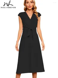 Robes décontractées Nice-Forever Printemps Femmes Mode Solide Couleur noire avec ceinture formelle bureau d'affaires élégante robe trapèze A353
