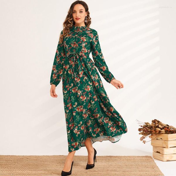 Vestidos casuales Bonito vestido de verano Mujer Moda verde Elegante Estampado floral Fajas Slim-fitted Stand-up Collar Botones Manga larga Maxi Robes