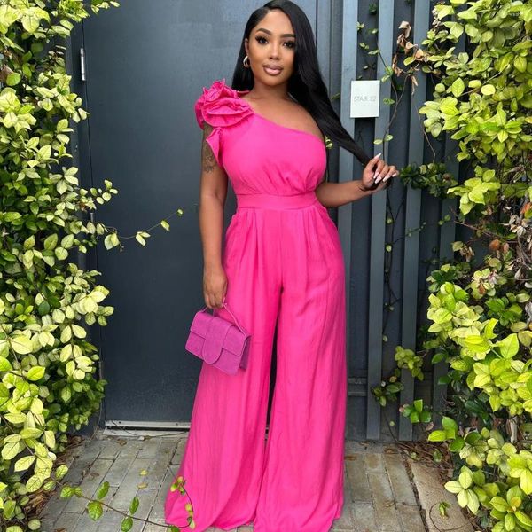 Vestidos casuales Nigeria Fucsia Floja de mujeres elásticas Jumpsuits One Shouler Flower Long Maxi Gowns Fashion Jumpsuit africano