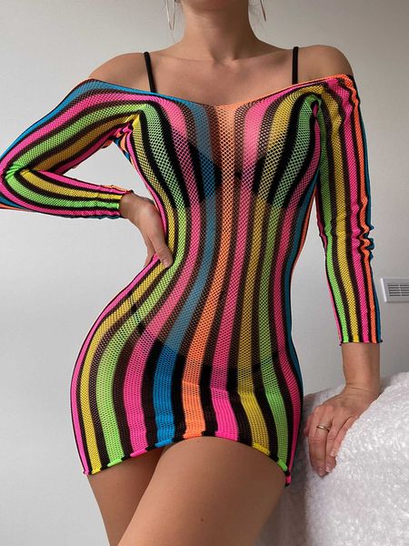 Robes décontractées nning Fish Net Teddy Dress SemiSheer Rainbow Striped Party Dress Lingerie Femme Robes Z0612