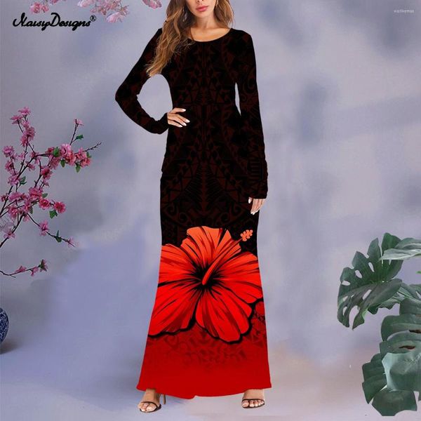 Robes Décontractées Noisydesigns Femmes 2023 Club De Luxe Robe Noire Plumeria Hawaïenne Printemps Taille Élastique À Manches Longues Maxi Ropa Rouge Imprimé Floral