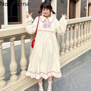 Casual Jurken Nomikuma Voor Vrouwen 2023 Cartoon Borduren Ruches Patchwork Losse Vestido Feminino Japanse Leuke Lange Mouwen