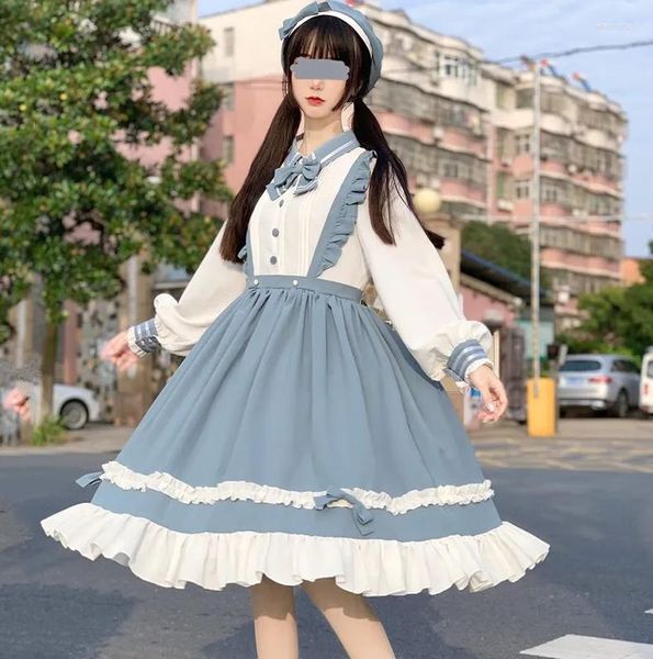 Robes décontractées non-disar la robe lolita féminine bleu mignon manches longues s-l kawaii gros arc softs sœurs vêtus de fête avec chapeau