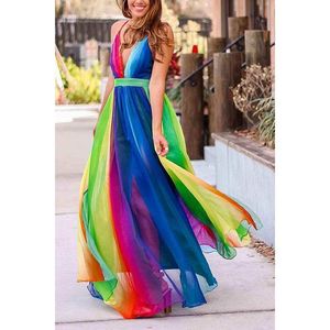LGBTQ Vestidos casuales LGBT Novedad Diseño elegante Vestido de malla Color del arco iris Correa de espagueti Verano Playa Maxi Vestidos Casual