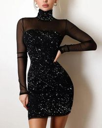 Casual jurken nowsaa glitter hoge nek contrast mesh bodycon bandage jurk feest sexy club vestidos backless
