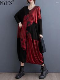 Robes décontractées NYFS 2023 Automne Coréen Femmes Robes Robe Elbise Lâche Plus Taille Col V Patchwork Longue Robe