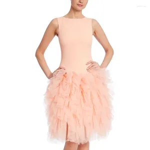 Vestidos informales O cuello Coral Rosa sin mangas Longitud midi con volantes Tul Vestido de fiesta Mate Satén Vestido ajustado Mujer elegante Ropa para fiesta de graduación