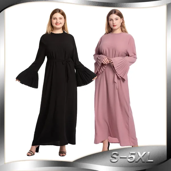 Robes décontractées O Abayas pliayés Abayas Musulmane femme simple et élégante robe à lacets à manches longues Mesdames Dubaï Turquie Solide Robe quotidien