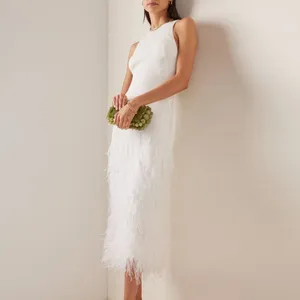 Casual jurken O-hals galajurk Open rug satijn recht wit veren enkellengte elegant voor dames op maat gemaakte kleur