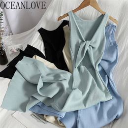 Robes décontractées OCEANLOVE Coréen Tricoté Robe Femme D'été Col En V Sans Manches Kink Évider Sexy Mince Robe Moulante Fourche Fendue Long Vestidos 220829