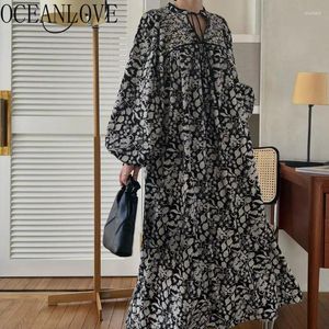 Casual jurken Oceanlove Long Dress Print Floral Japan Style Loose Beach Elegant Women Puff Sleeve Vintage Vestidos Para Mujer