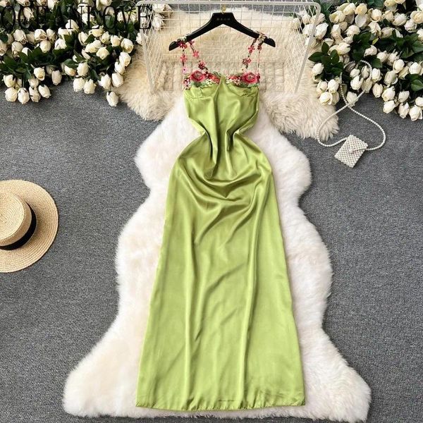 Robes décontractées Oceanlove Satin brodés Floral Fores Style Style Spring Summer Vintage Vestidos Mujer Sexy Party Long Robe