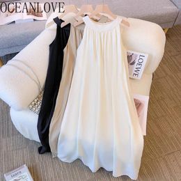 Vestidos casuales Oceanlove Primavera Verano Mujeres Sólido Moda Coreana Halter Sin mangas Vestidos Mujer A-Line Elegante Vestido largo suelto