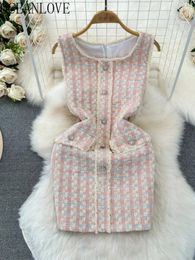 Robes décontractées OCEANLOVE Tweed Femmes Printemps Été Mode Coréenne Robes Mujer Plaid Élégant Contraste Couleur Sans Manches Mini Robe