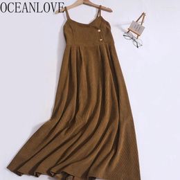 Vestidos casuales Oceanlove Vintage Cana Mujeres Solid V Cuello sin mangas Otoño Vestidos de invierno Para Mujer A-Line Vestido largo Elegante