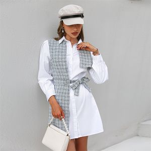 Robes décontractées Oein boîte de nuit moderne dame col rabattu ceinture lanterne manches Plaid robe Mini chemise élégante 220829