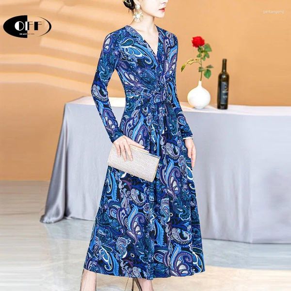 Vestidos casuales apagado otoño vintage estampado floral con cuello en v midi largo para mujeres zevity retro elegante delgado dama fiesta vestido de noche robe femme