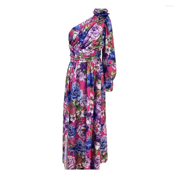 Robes décontractées Robe de soirée à épaules dénudées Robe longue à imprimé floral à une épaule avec détail plissé à ourlet fendu sur le côté pour les fêtes