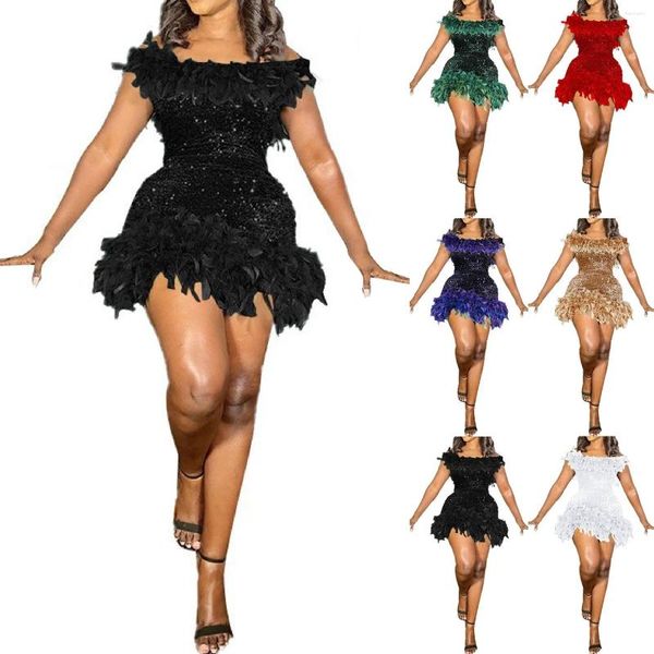 Robes décontractées hors épaule plume paillettes robe col en V fête solide pour les femmes élégante danse discothèque soirée mince enveloppe hanche jupe sexy