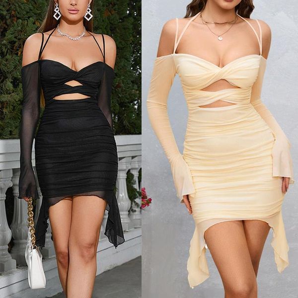 Vestidos casuales fuera del hombro damas bodycon vestido corto mujeres halter malla ahueca hacia fuera sexy honda manga larga slim fit traje de vacaciones