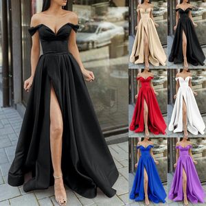 Casual jurken off-shoulder feestjurk hoge split sexy v-hals avondjurk dames effen satijn geplooid gewaad elegante dames lang