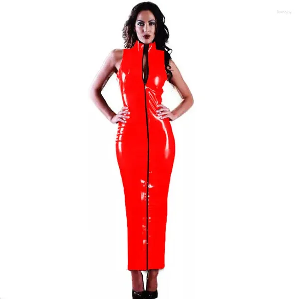 Robes décontractées hors épaule robe crayon brillant PVC femme sexy latex cuir moulante col roulé avec fermetures à glissière avant bandage